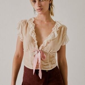 Free People x Anna Sui Pink Velvet Cap Sleeve Ruffled Blouse